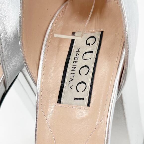 Gucci Silver Metallic Crystal GG Platform Ankle Strap Block Heel Pumps EU 37.5 - Picture 14 of 16